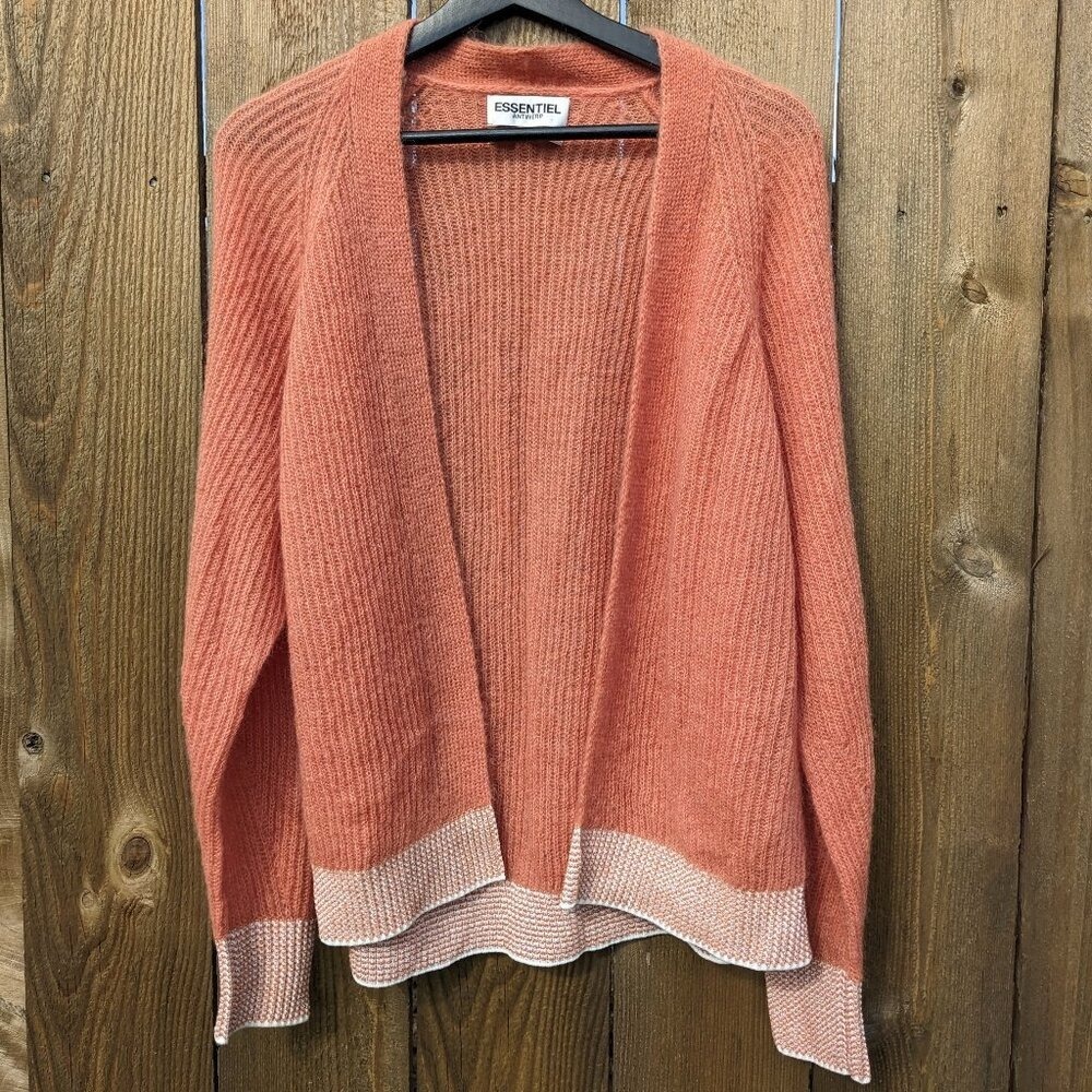 Essentiel Antwerp Mohair Cardigan Small Sheer Orange Metallic Open Front Sweater